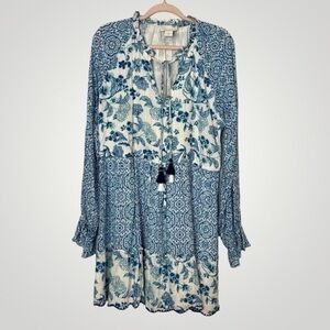 House of Harlow 1960 Boho Chic Mini Dress Blue White Split-Neck Babydoll
